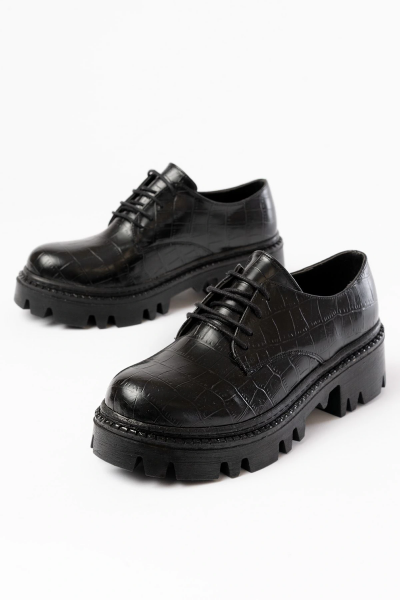 868-754 Siyah Kroko Bağcıklı Günlük Yüksek Tabanlı Loafer Ayakkabı