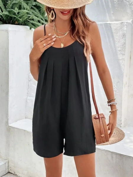 Kadın Ip Askılı Yuvarlak Yakalı Pileli Viskon Tulum