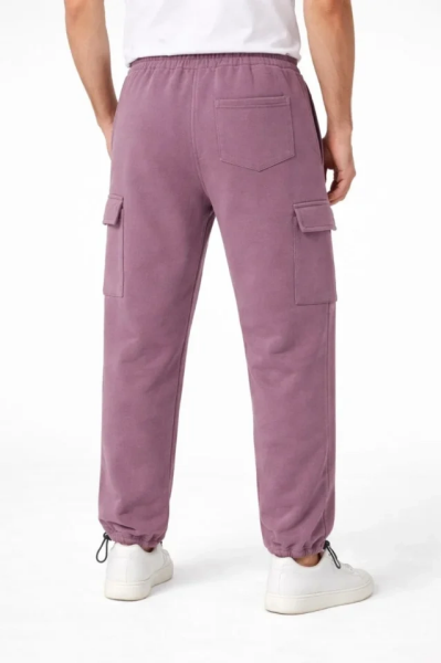 Erkek Baggy Üç İplik Kargo Cepli Eşofman Ayarlanabilir Paça Beli İpli Pantolon - Gül Kurusu