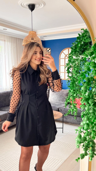 Kadın Uzun Kollu Yakalı Düğmeli Mini Ithal Krep Elbise