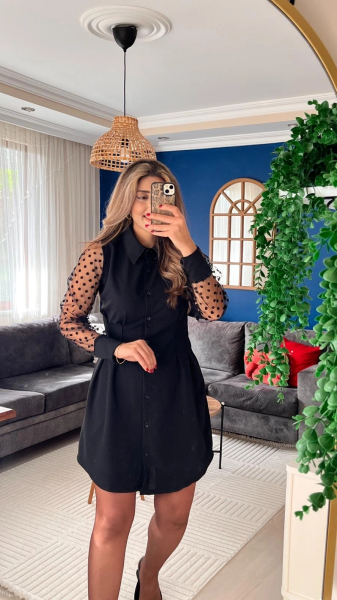 Kadın Uzun Kollu Yakalı Düğmeli Mini Ithal Krep Elbise