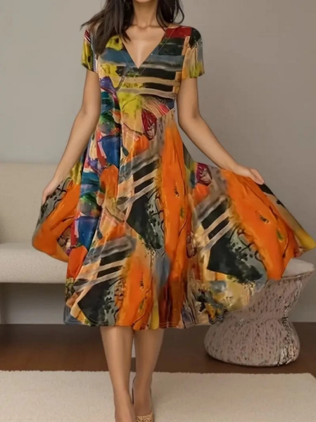 Kadın Kısa Kollu V Yaka Renkli Karışık Desen Kloş Süprem Midi Elbise