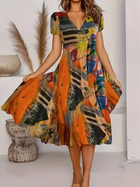 Kadın Kısa Kollu V Yaka Renkli Karışık Desen Kloş Süprem Midi Elbise