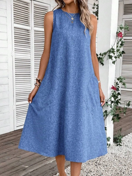 Kadın Kolsuz Bisiklet Yaka Cepli Midi Keten Elbise