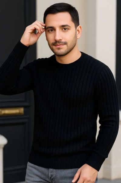 Erkek Fitilli Triko Kazak 3lü Set Gri Haki Siyah Regular Fit Bisiklet Yaka Triko Seti Modeli Kazak