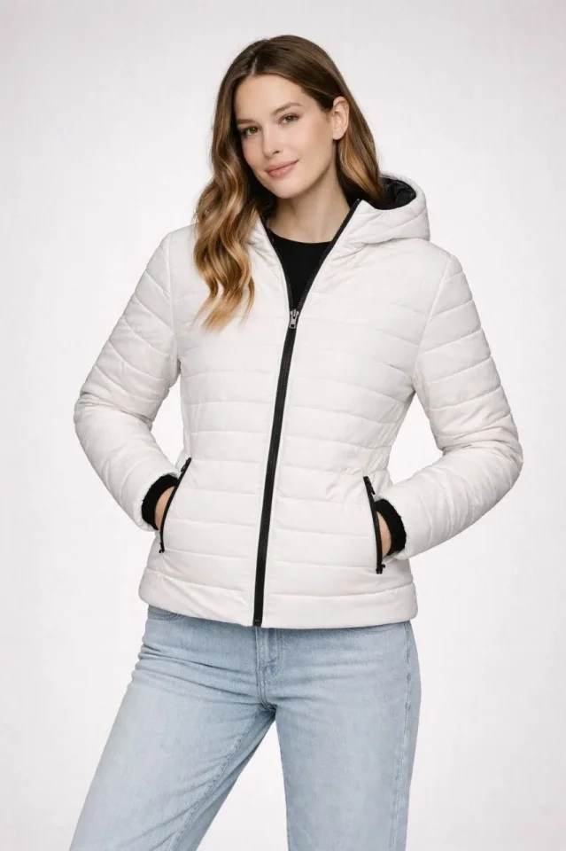 Şişme Kapüşonlu Fermuarlı Mont Su Itici Kapitone Astarlı Kumaş Cepli Kışlık Rahat Kalıp - Krem