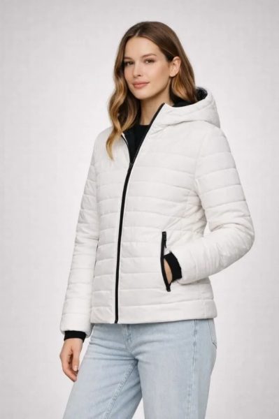 Şişme Kapüşonlu Fermuarlı Mont Su Itici Kapitone Astarlı Kumaş Cepli Kışlık Rahat Kalıp - Krem