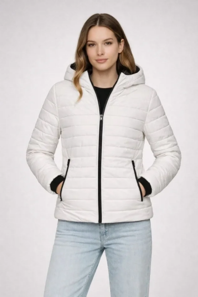 Şişme Kapüşonlu Fermuarlı Mont Su Itici Kapitone Astarlı Kumaş Cepli Kışlık Rahat Kalıp - Krem