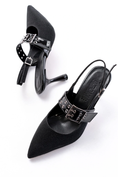 İNF-260 Siyah Simli Günlük Arkası Açık Baret Tokalı Topuklu Bayan Ayakkabı