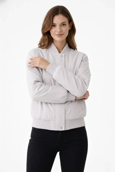 Premium Bomber Ceket Çıtçıt Kapamalı, Ribana Manşetli, Astarlı, Regular Fit Mont - Beyaz