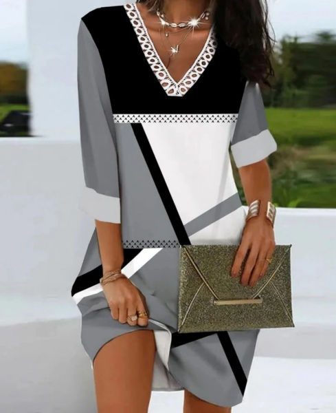 Kadın Fakir Kollu V Dantel Yaka Geometrik Desenli Dalgıç Elbise