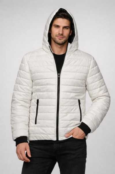 Erkek Şişme Kapüşonlu Fermuarlı Mont Su Itici Kapitone Astarlı Kumaş Cepli Kışlık Rahat Kalıp - Krem