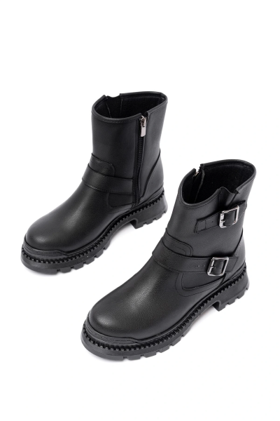 2051-2014 Siyah Tokalı Düz Topuklu Tokalı Fermuarlı Günlük Kadın Bot