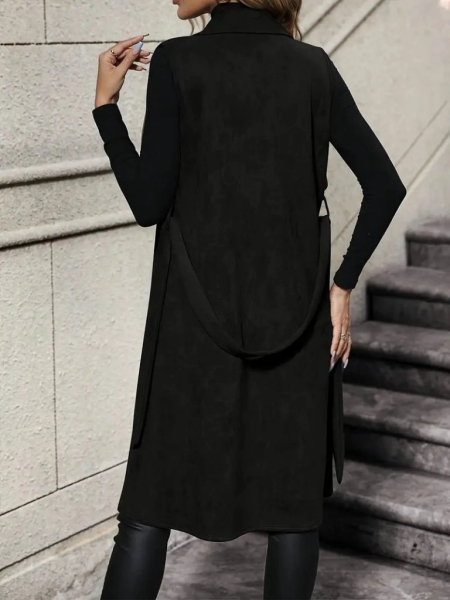 Kadın Kolsuz Yakalı önü Açık Belden Kuşaklı Süet Midi Yelek