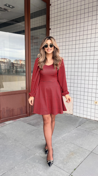 Kadın Uzun Kollu Kare Kalp Yakalı Mini Modal Elbise