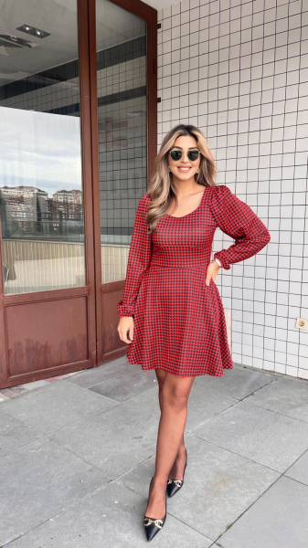 Kadın Uzun Kollu Kare Kalp Yakalı Mini Modal Elbise