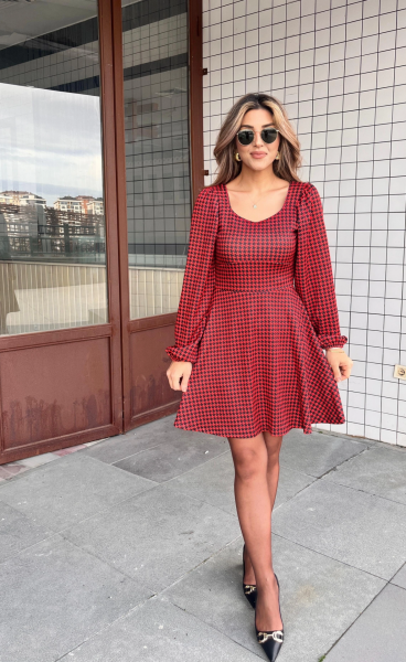 Kadın Uzun Kollu Kare Kalp Yakalı Mini Modal Elbise