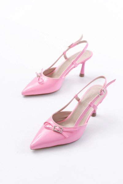 İNF-2300 Pembe Rugan Günlük Arkası Açık Fiyonklu Topuklu Bayan Ayakkabı