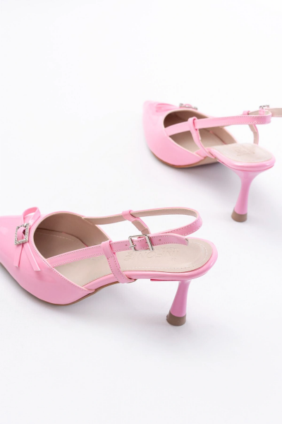 İNF-2300 Pembe Rugan Günlük Arkası Açık Fiyonklu Topuklu Bayan Ayakkabı