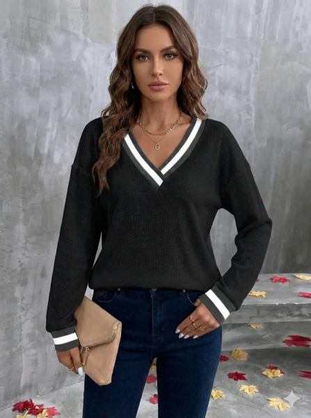 Kadın Uzun Kollu V Yakalı Waffle Bluz