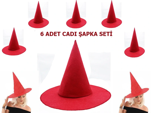 Kırmızı Keçe Cadı Şapkası Yetişkin-Çocuk Uyumlu