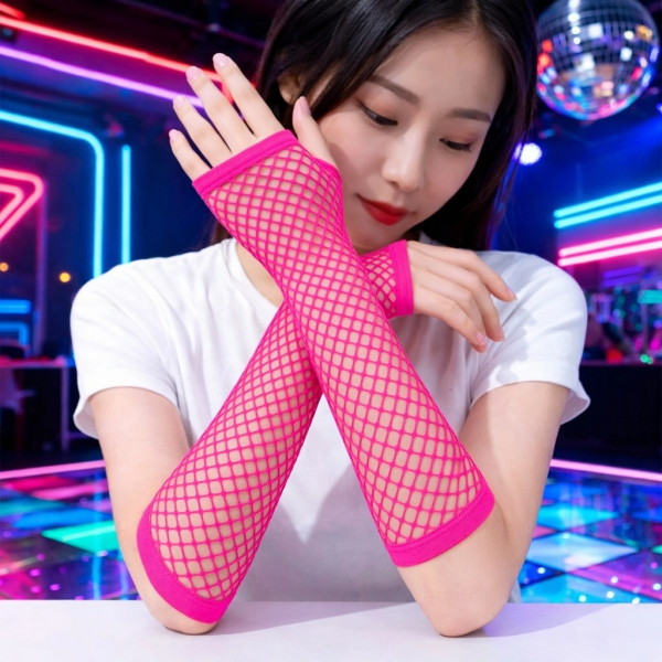 Retro Neon Fuşya File Parmaksız Eldiven 26 cm