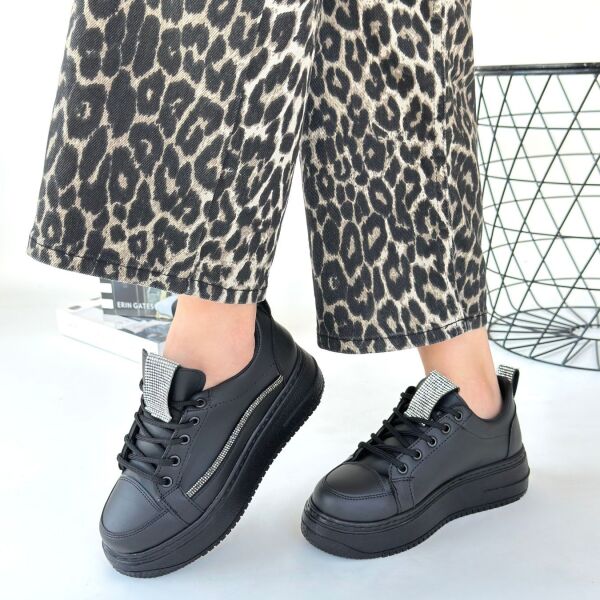 Leope Siyah Cilt Bağcıklı Spor Ayakkabı