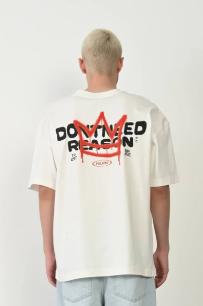 Unisex Bisiklet Yaka Baskılı Oversize T-Shirt - Beyaz