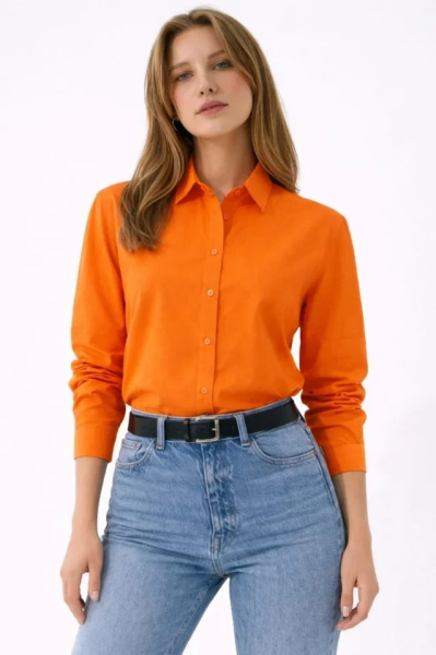 Uzun Kollu Gömlek Düğmeli Klasik Yaka Günlük Ve Ofis Şıklığına Uygun - Turuncu