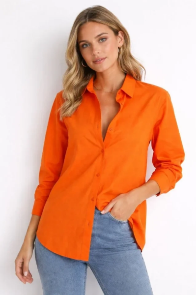 Uzun Kollu Gömlek Düğmeli Klasik Yaka Günlük Ve Ofis Şıklığına Uygun - Turuncu
