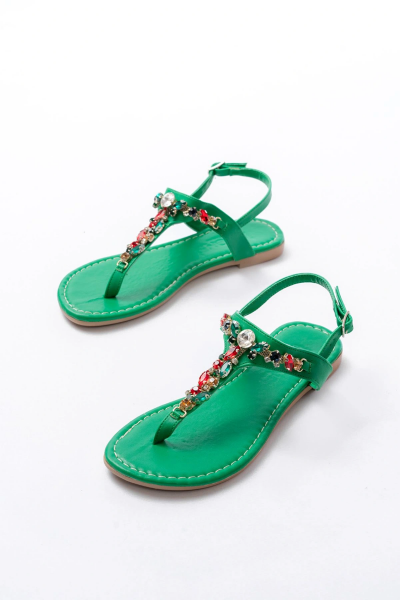 152-1110 Çimen Yeşili Multi Taşlı Parmak Arası Kadın Sandalet