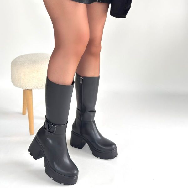 Moki Siyah Cilt Topuklu Çizme