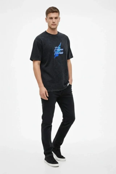 Erkek Asit Yıkamalı Oversize Tişört Future Worlds Baskılı Bisiklet Yaka Kısa Kollu Streetwear %100 Pamuk Street Style T-Shirt - Siyah