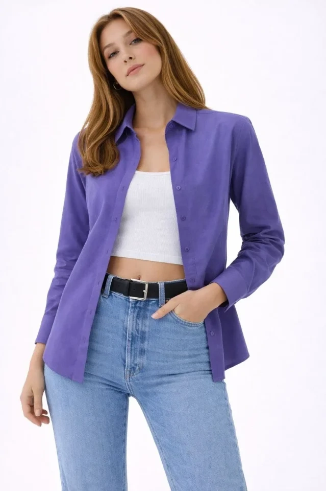 Uzun Kollu Gömlek Düğmeli Klasik Yaka Günlük Ve Ofis Şıklığına Uygun - Mor