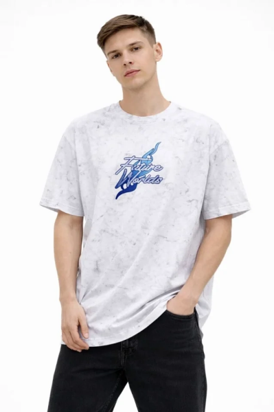 Erkek Asit Yıkamalı Oversize Tişört Future Worlds Baskılı Bisiklet Yaka Kısa Kollu Streetwear %100 Pamuk Street Style T-Shirt - Beyaz