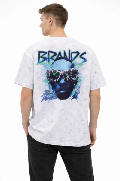 Erkek Asit Yıkamalı Oversize Tişört Future Worlds Baskılı Bisiklet Yaka Kısa Kollu Streetwear %100 Pamuk Street Style T-Shirt - Beyaz