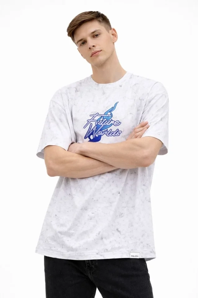 Erkek Asit Yıkamalı Oversize Tişört Future Worlds Baskılı Bisiklet Yaka Kısa Kollu Streetwear %100 Pamuk Street Style T-Shirt - Beyaz