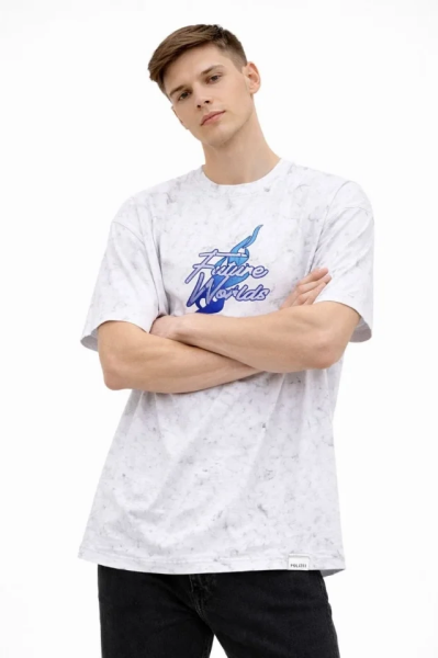 Erkek Asit Yıkamalı Oversize Tişört Future Worlds Baskılı Bisiklet Yaka Kısa Kollu Streetwear %100 Pamuk Street Style T-Shirt - Beyaz