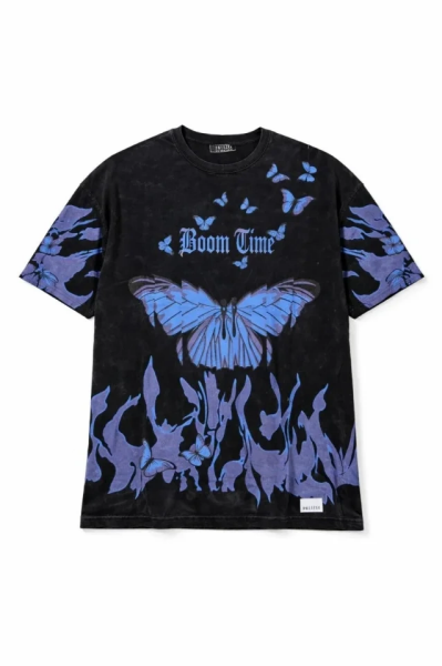 Erkek Asit Yıkamalı Oversize Tişört Mavi Kelebek Baskılı Dijital Print Bisiklet Yaka Streetwear T-Shirt - Siyah