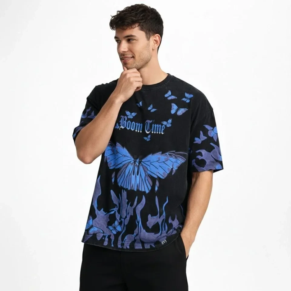 Erkek Asit Yıkamalı Oversize Tişört Mavi Kelebek Baskılı Dijital Print Bisiklet Yaka Streetwear T-Shirt - Siyah