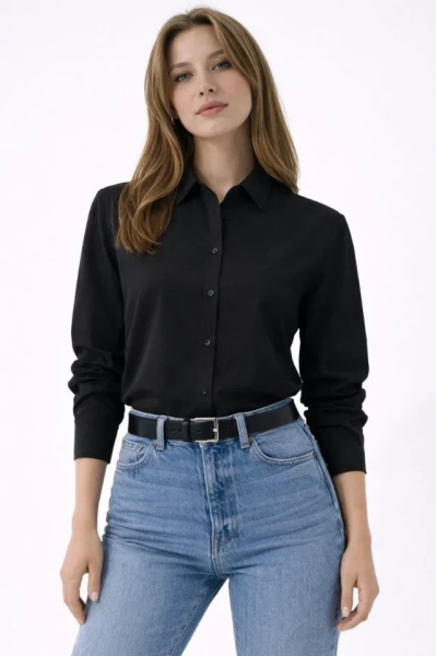 Uzun Kollu Gömlek Düğmeli Klasik Yaka Günlük Ve Ofis Şıklığına Uygun - Siyah