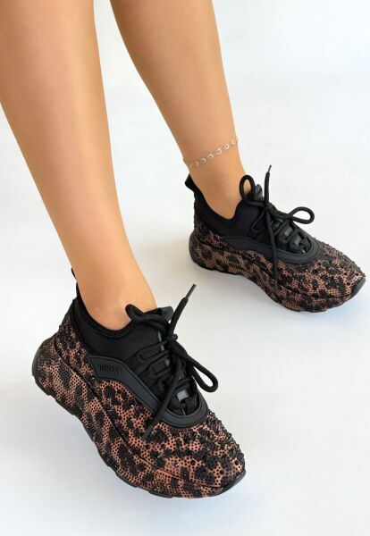 Rimay Kahverengi Leopar Boncuk İşlemeli Spor Ayakkabı