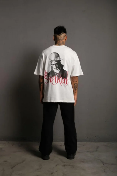 Erkek Oversize Tişört – Beyaz 24/1 Penye Kumaş, Bisiklet Yaka, Ön - Arka Baskılı, Streetwear Tarzı Rahat Büyük Kalıp T-Shirt- Beyaz