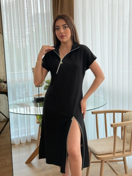 Kadın Kısa Kollu Yakadan Ve Etekten Fermuarlı Midi Viskon Iki Iplik Elbise