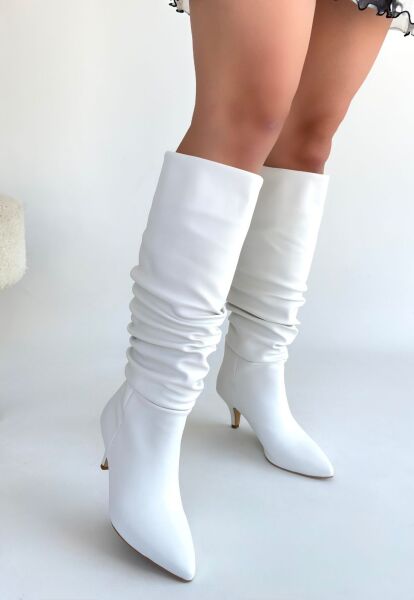 Zelya Beyaz Cilt Topuklu Çizme