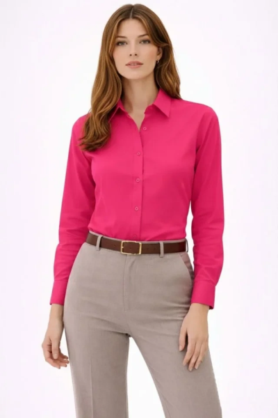 Uzun Kollu Gömlek Düğmeli Klasik Yaka Günlük Ve Ofis Şıklığına Uygun - Fuşya