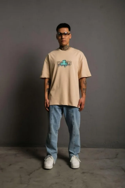 Erkek Sırt Baskılı T-shirt - Bej