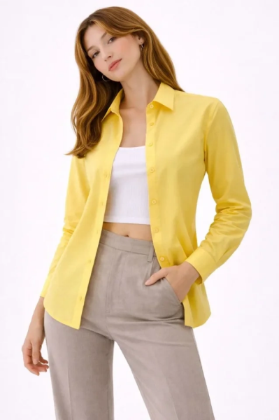 Uzun Kollu Gömlek Düğmeli Klasik Yaka Günlük Ve Ofis Şıklığına Uygun - Sarı