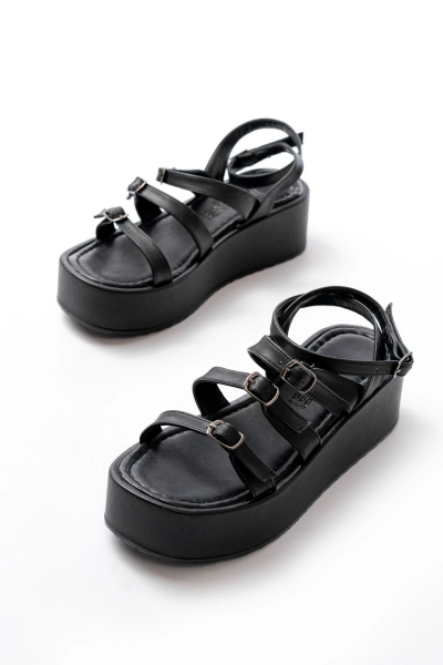 861-1222 Siyah Tokalı Bilekten Bağlamalı Dolgu Kadın Sandalet