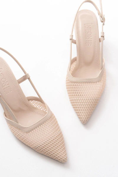 K-607 Bej Günlük Fileli Arkası Açık 7 cm Topuklu Bayan Ayakkabı